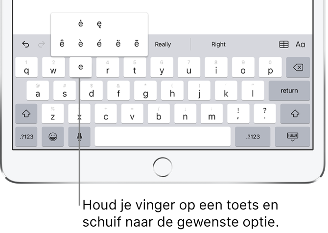Scherm met alternatieve accenttekens voor de toets "e".