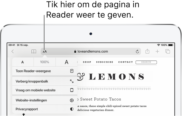 De Safari-knoppenbalk met de Reader-knop helemaal links in het adresveld.