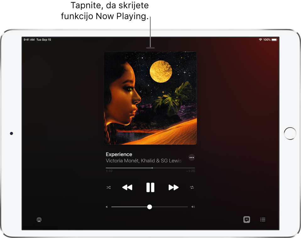 Zaslon »Now Playing« prikazuje naslovnico albuma. Spodaj so naslov pesmi, izvajalec, gumb »More«, drsnik v vrstici predvajanja, kontrolniki predvajanja, drsnik za glasnost ter gumbi »Lyrics«, »Playback Destination« in »Queue«. Gumb »Hide Now Playing« je na vrhu.