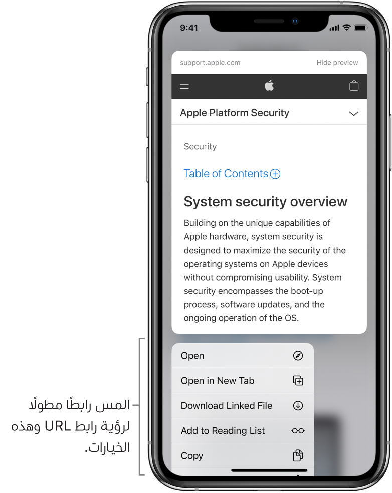 تراكب يعرض معاينة عنوان URL الوجهة متبوعًا بقائمة من الإجراءات المحتملة: فتح وإضافة إلى قائمة القراءة وإضافة إلى الصور ونسخ ومشاركة.