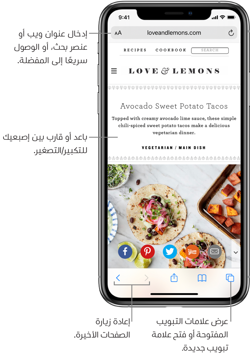 موقع ويب مفتوح في Safari، ويظهر حقل العنوان في الجزء العلوي. في الجزء السفلي، من اليمين إلى اليسار، تظهر أزرار الخلف، والأمام، والمشاركة، والإشارات المرجعية، والصفحات.