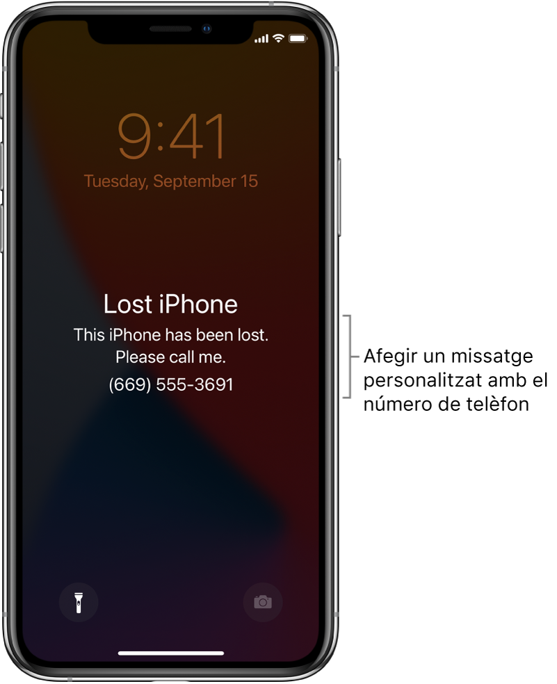 Pantalla bloquejada d’un iPhone amb el missatge: “iPhone perdut. Aquest iPhone s’ha perdut. T’agrairé que em truquis. (669) 555-3691”. Pots afegir un missatge personalitzat amb el número de telèfon.