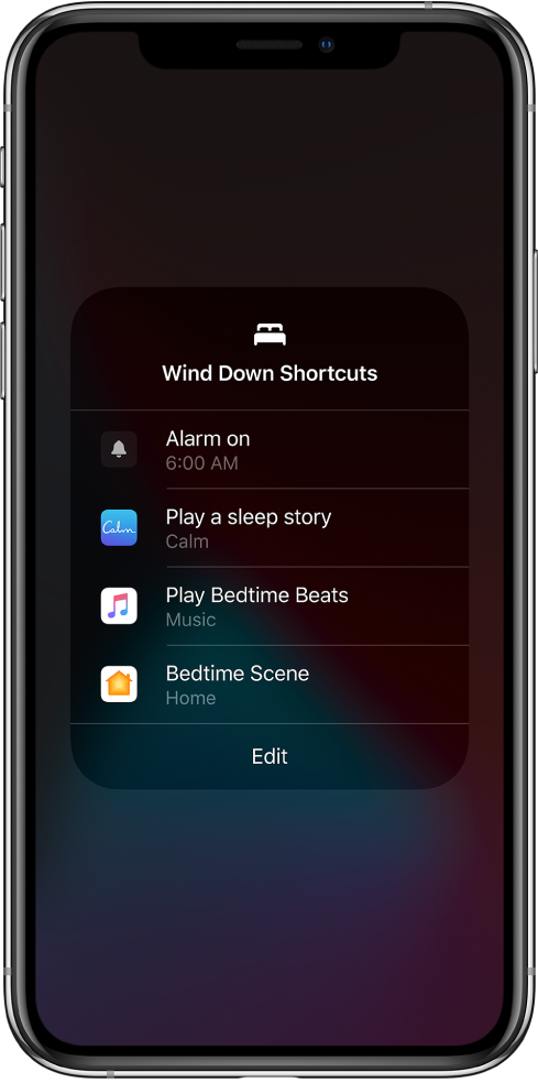 Pantalla “Dreceres de relaxació” amb dreceres per reproduir una història per anar a dormir, reproduir música per agafar el son, i iniciar un ambient per anar a dormir a l’app Casa.