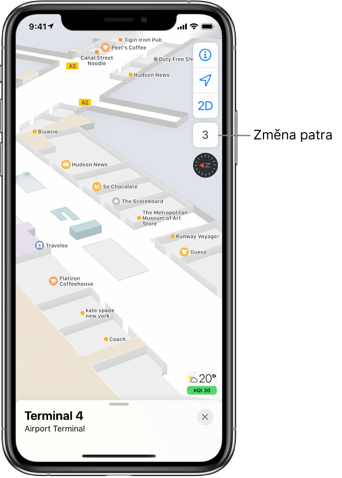 Mapa vnitřních prostor letištního terminálu. Mapa ukazuje obchody a nástupní brány