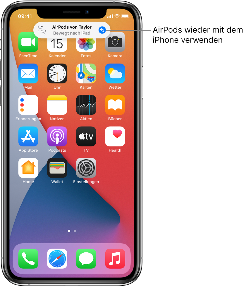 Der Sperrbildschirm mit der Nachricht „AirPods Pro von Taylor bewegt nach iPad“ und einer Taste zum erneuten Verbinden der AirPods mit dem iPhone.