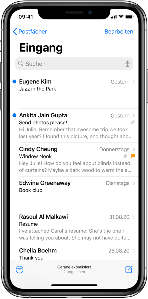 Eine Vorschau einer E-Mail im Posteingang mit dem Namen des Senders, der Uhrzeit, zu der die E-Mail gesendet wurde, der Betreffzeile und den ersten beiden Zeilen der E-Mail