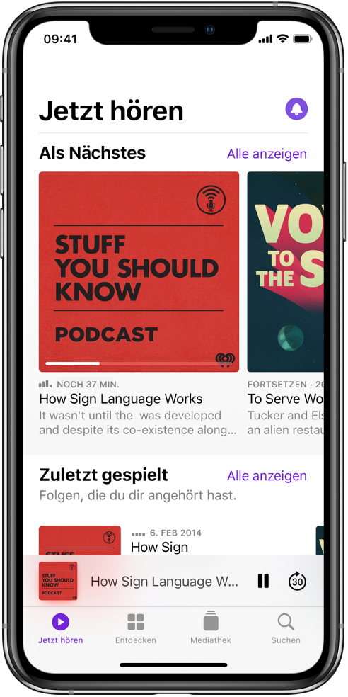 Der Tab „Jetzt hören“ mit kürzlich aktualisierten Folgen.