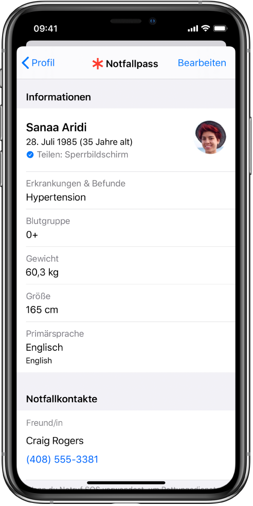 Ein Notfallpass-Bildschirm mit Informationen wie Geburtsdatum, körperliche Beschwerde, Medikationen und Notfallkontakte
