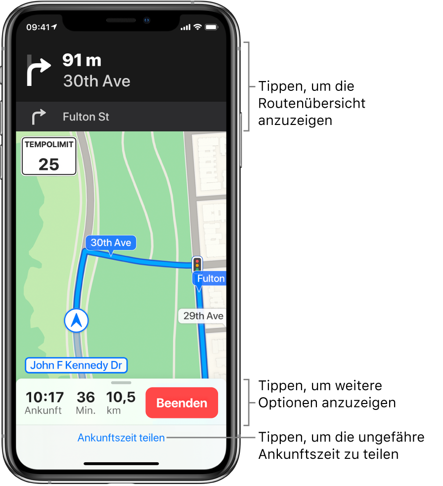 Eine Karte mit einer Route und der Anweisung, nach etwa 75 Metern nach rechts abzubiegen. Am unteren Kartenrand werden links neben der Taste „Beenden“ die voraussichtliche Ankunftszeit, die verbleibende Fahrzeit und die Fahrstrecke in Meilen angezeigt. Unten auf dem Bildschirm ist die Taste „Ankunftszeit teilen“ zu sehen.