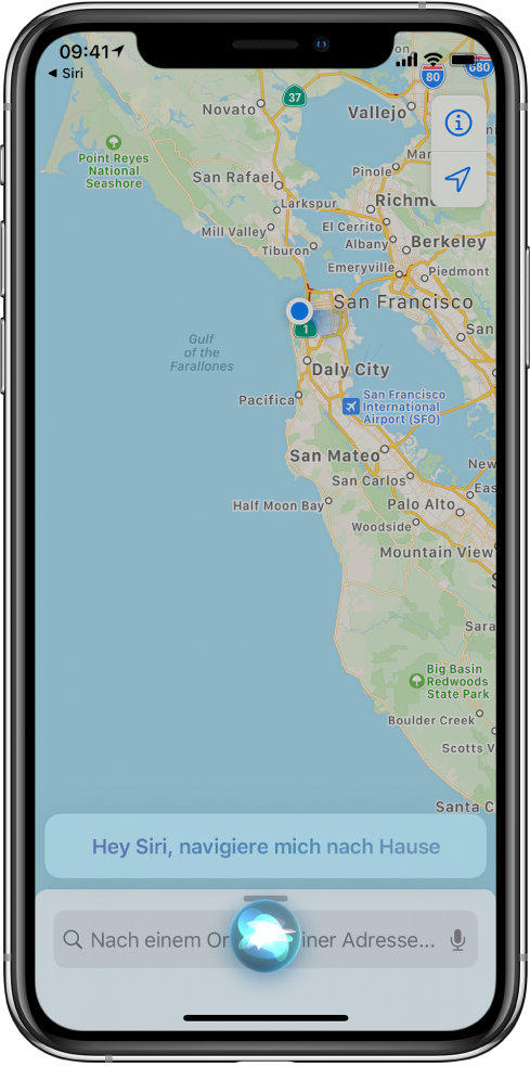 Eine Karte mit der Antwort „Ich suche die Route nach Hause“ von Siri am unteren Bildschirmrand.