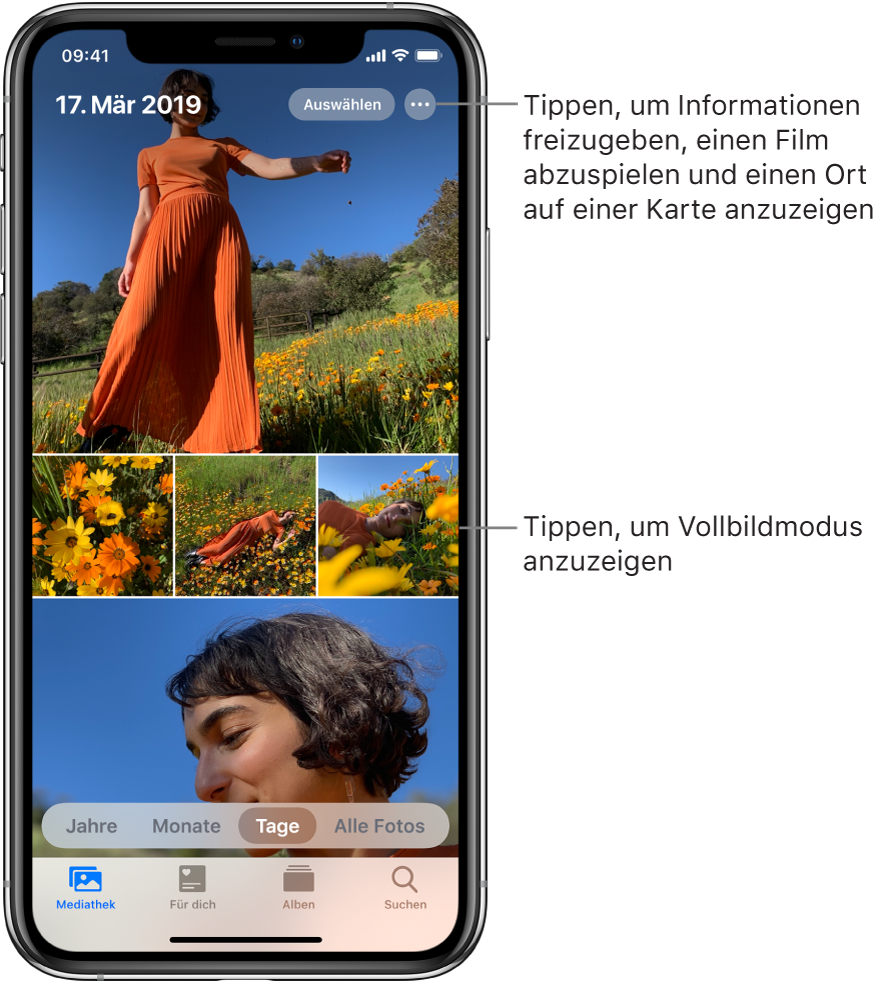 Die Fotomediathek in der Tagesansicht. Eine Auswahl mit Fotominiaturen füllt den Bildschirm. Oben links wird angezeigt, wann und wo die Fotos aufgenommen wurden. Oben rechts befinden sich die Tasten „Auswählen“ und „Weitere Optionen“, die dazu dienen, Fotos zu teilen und Details einzublenden. Unter den Miniaturen befinden Optionen zum Anzeigen aller Fotos in der Fotomediathek oder unterteilt nach Jahren, Monaten oder Tagen. Ganz unten befinden sich die Tabs „Mediathek“, „Für dich“, „Alben“ und „Suchen“.