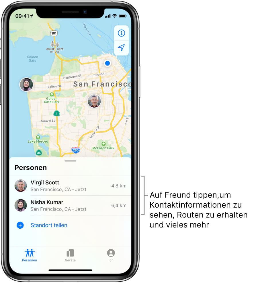Der Bildschirm „Wo ist?“ mit dem geöffneten Tab „Personen“. In der Liste „Personen“ befinden sich zwei Freunde: Virgil Scott und Nisha Kumar. Ihre Standorte werden auf einer Karte von San Francisco angezeigt.