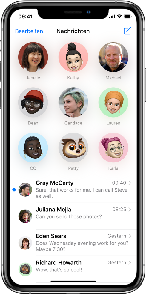 Die Konversationsliste in der App „Nachrichten“. Oben in der Liste sind Konversationen mit mehreren Personen angeheftet, um schnell auf sie zugreifen zu können. Darunter befindet sich die Liste mit den Konversationen.