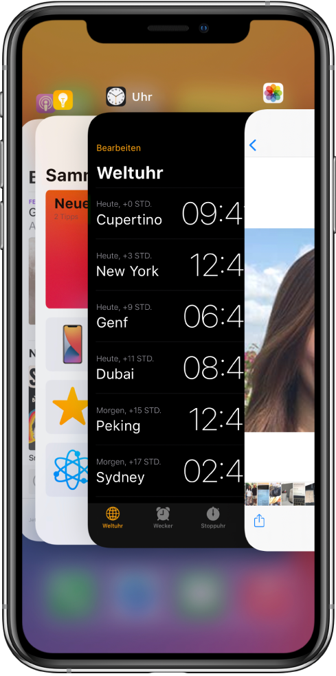 Der App-Umschalter. Die Symbole der geöffneten Apps werden oben angezeigt. Der aktuelle Bildschirm jeder App ist unterhalb ihres Symbols zu sehen.