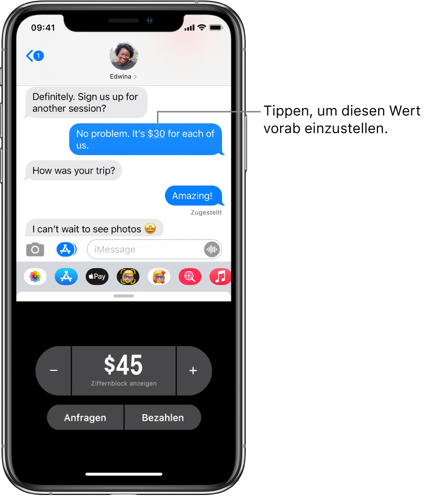 Eine iMessage-Konversation mit der geöffneten App „Apple Pay“ unten.