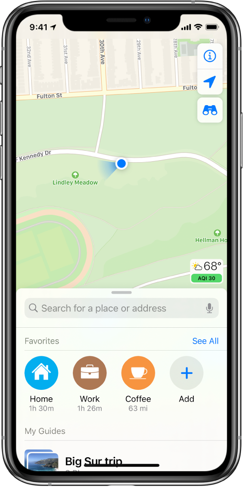 A map showing the current location inside a city park.