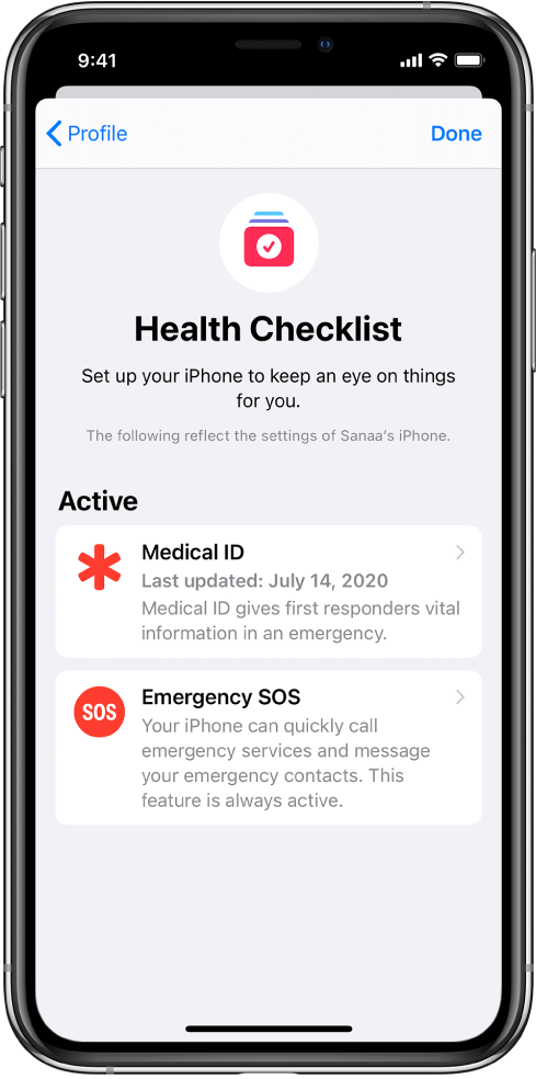 Pantalla de la lista de comprobación de Salud mostrando que las funciones “Ficha médica” y “Emergencia SOS” están activadas.
