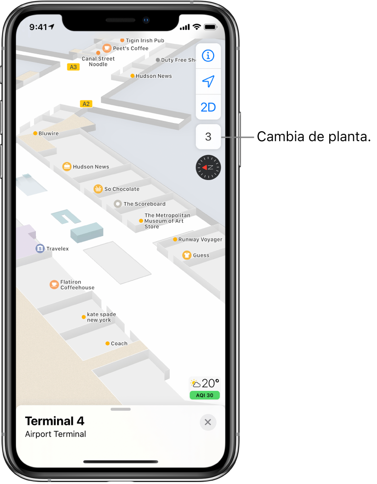Un mapa interior de la terminal de un aeropuerto. El mapa muestra negocios y salas de abordar.