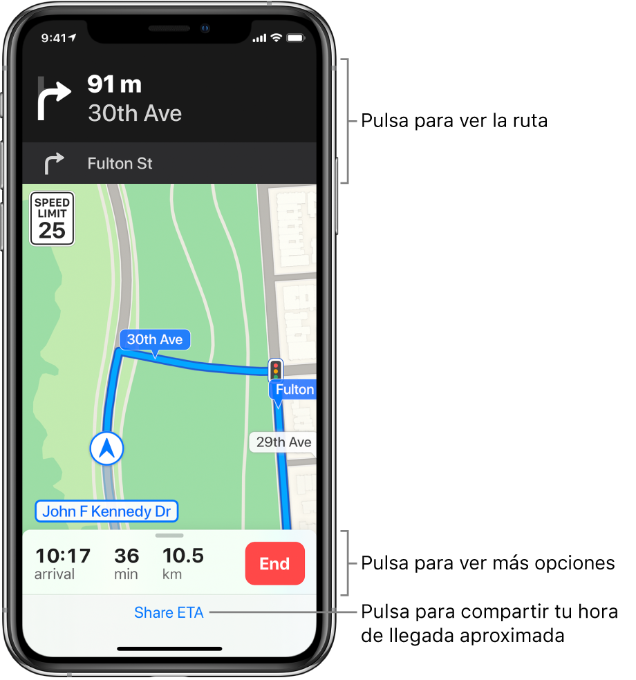 Mapa con una ruta para ir en coche, con una indicación para girar a la derecha en 90 metros. Cerca de la parte inferior del mapa, a la izquierda del botón Final, se muestran la hora de llegada, la duración del trayecto y el kilometraje total. “Compartir llegada” aparece en la parte inferior de la pantalla.