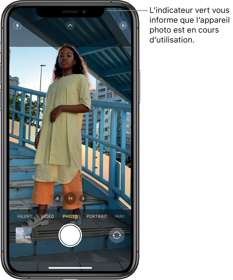 L’écran de l’appareil photo en mode Photo. Un indicateur vert en haut à droite affiche que l’appareil photo est en cours d’utilisation.