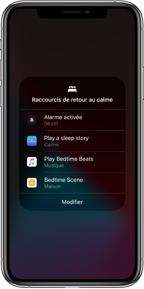 Écran « Raccourcis de retour au calme » avec des raccourcis permettant d’écouter une histoire pour aller se coucher, écouter des morceaux pour s’endormir et lancer une scène pour le sommeil de l’app Maison.