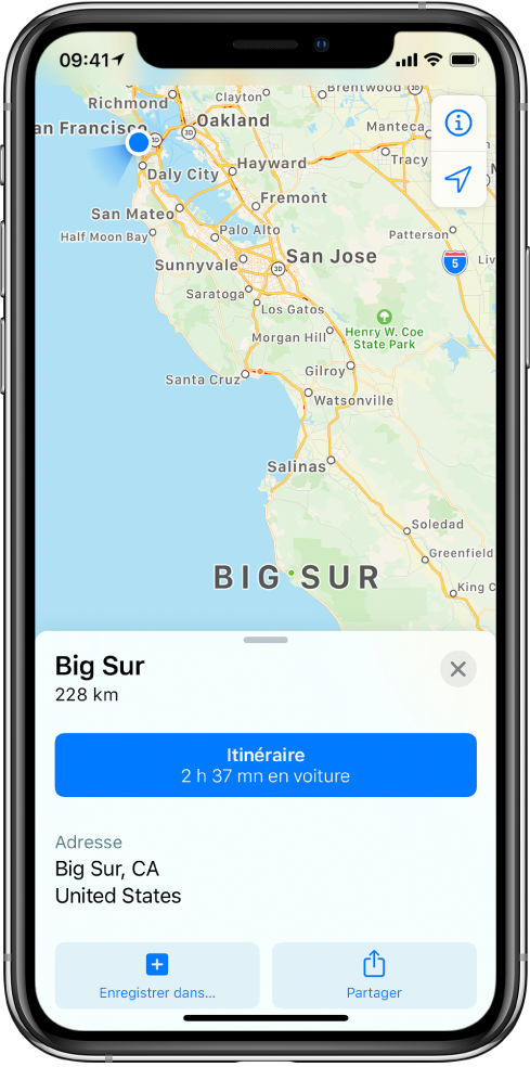 Un plan avec une fiche d’informations pour Big Sur. Le bouton Itinéraire s’affiche sur la fiche d’informations.