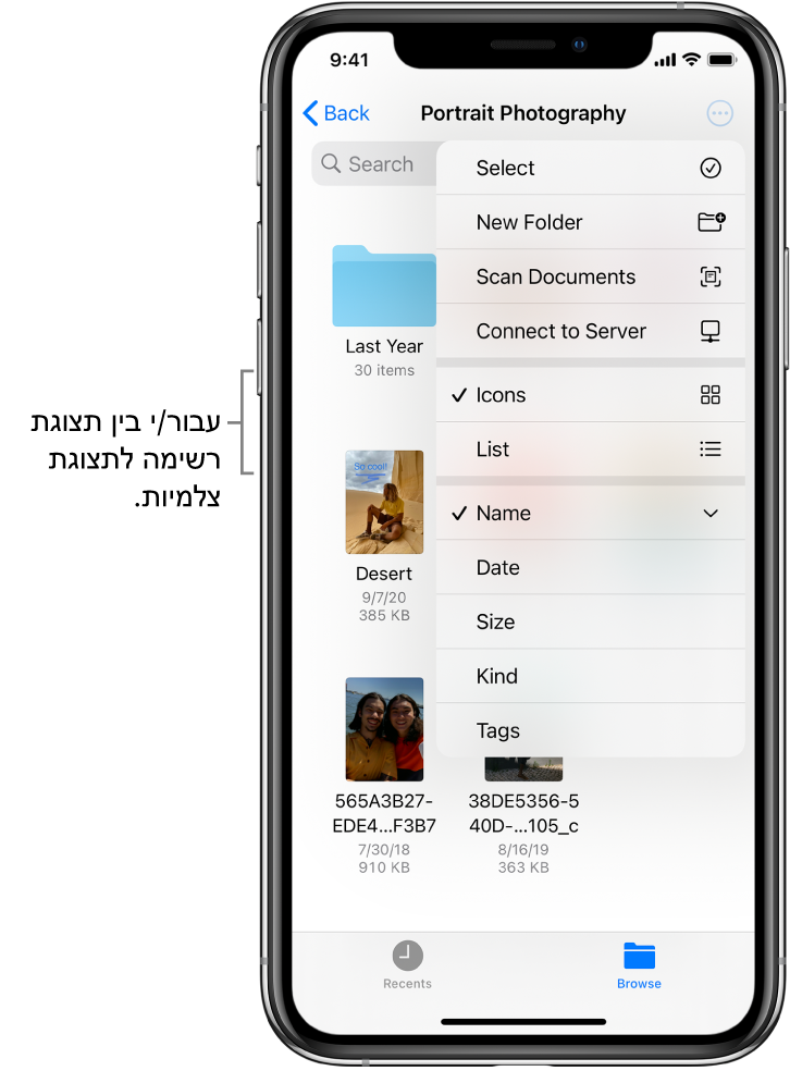 מיקום ב‑iCloud Drive עבור קבצי צילום. הפריטים ממוינים לפי שם ומכילים תיקייה שנקראת Cottage remodel וששה מסמכים: Desert Stop, Karen Blue, Lakeside, Leafy Shadows, Mark Flip, and Susan Green. כפתור למעבר בין תצוגת רשימה ותצוגת צלמיות מופיע ליד הפינה השמאלית העליונה.