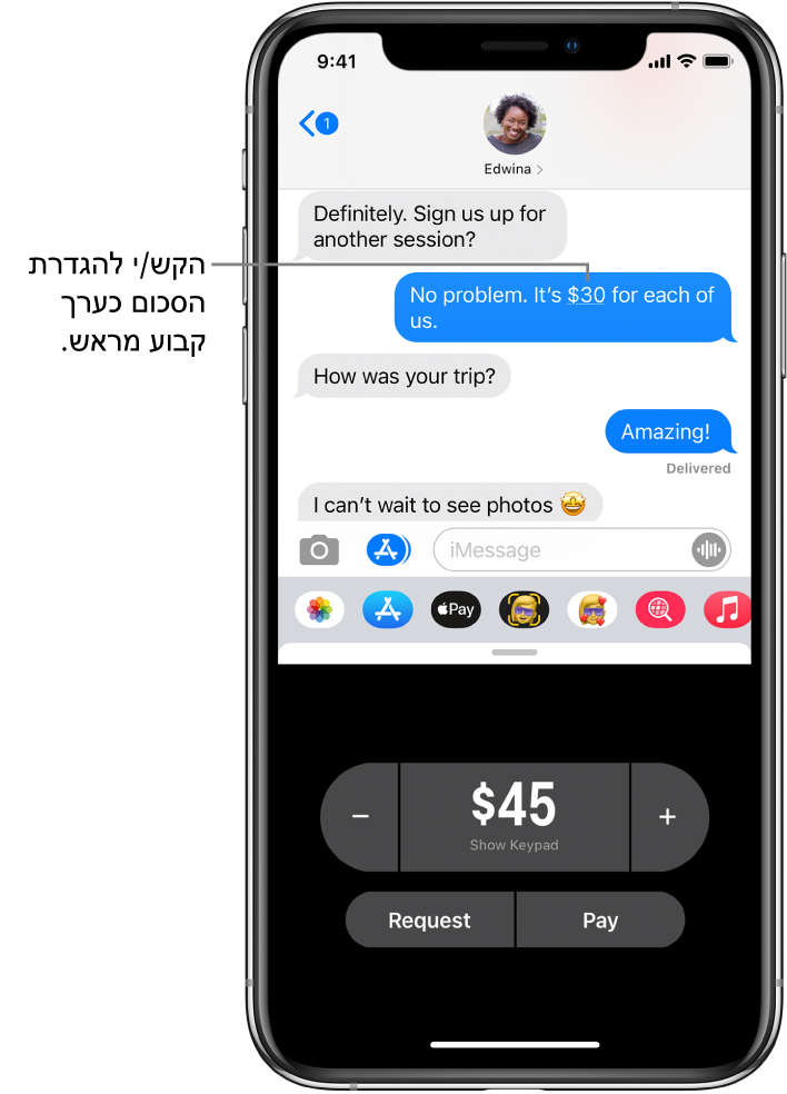 שיחת iMessage עם היישום Apple Pay פתוח למטה.
