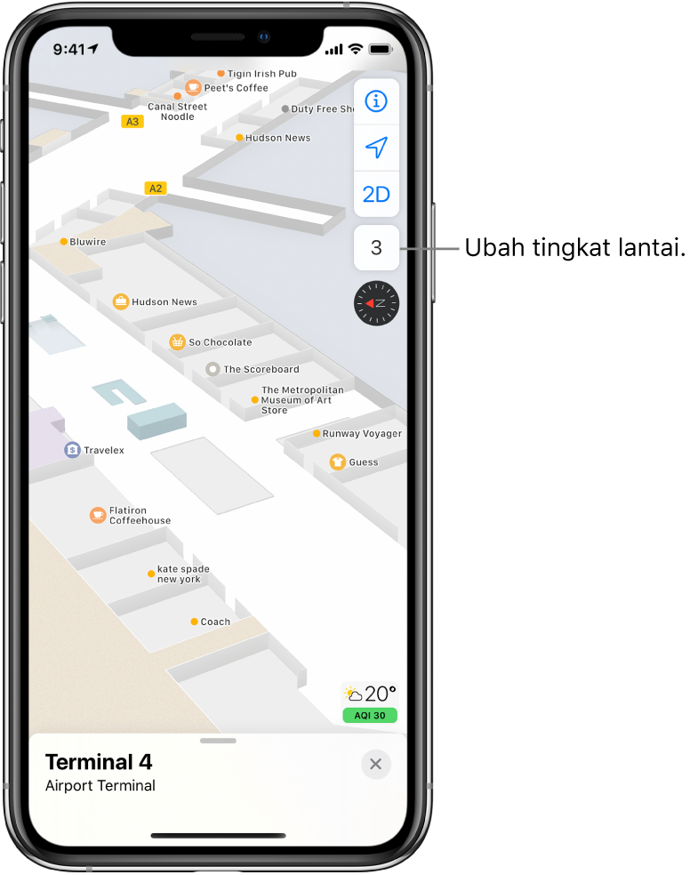 Peta dalam ruangan dari terminal bandara. Peta menampilkan bisnis dan gerbang keberangkatan.
