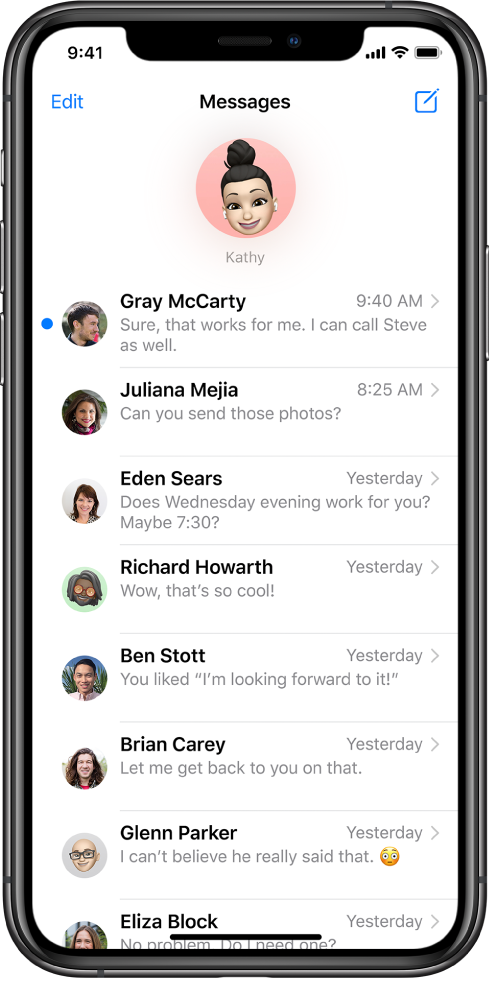 L'elenco delle conversazioni di Messaggi nell'app Messaggi. Nella parte superiore dello schermo, viene mostrata l'immagine di un contatto in un cerchio, che indica che la conversazione è fissata in alto. Al di sotto si trova l'elenco delle conversazioni.