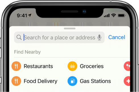 Po paieškos lauku rodomos keturios netoli teikiamos paslaugos. Kategorijos yra „Restaurants“, „Groceries“, „Food Delivery“ ir „Gas Stations“.