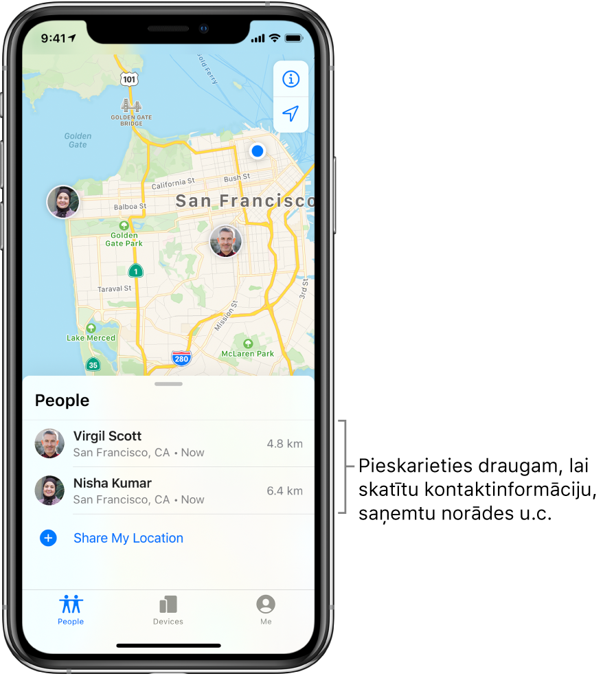 Ekrānā Find My ir atvērta cilne People. Sarakstā People ir divi draugi: Virgils Skots un Niša Kumara. To atrašanās vietas tiek rādītas Sanfrancisko kartē.