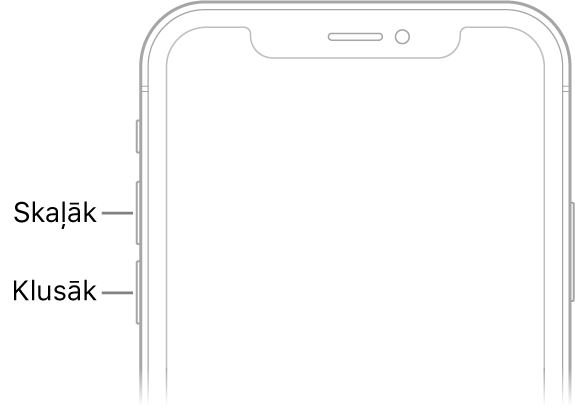 iPhone tālruņa priekšpuses augšējā daļa ar skaļuma palielināšanas un samazināšanas pogām kreisajā augšējā stūrī.