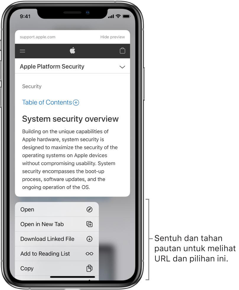 Tindihan menunjukkan pratonton URL destinasi diikuti oleh senarai tindakan yang boleh: Buka, Tambah ke Senarai Bacaan, Tambah ke Foto, Salin dan Kongsi.
