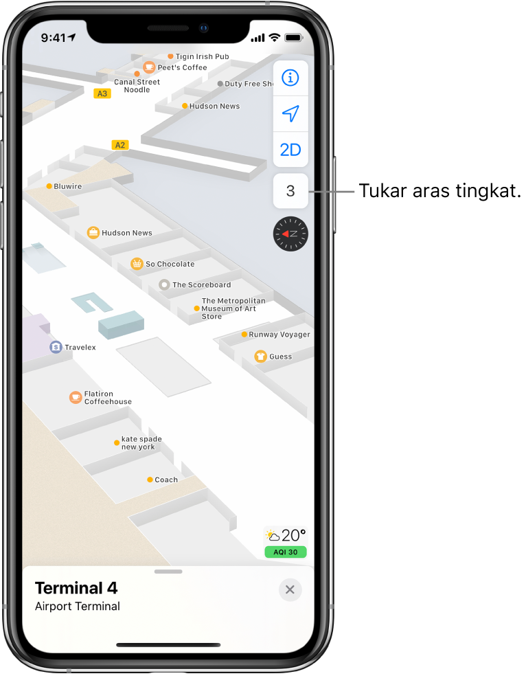 Peta dalaman terminal lapangan terbang. Peta menunjukkan perniagaan dan pintu naik.