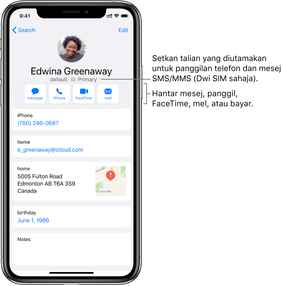 Skrin info untuk kenalan. Di bahagian atas ialah foto dan nama kenalan. Di bawah ialah butang untuk menghantar mesej, membuat panggilan telefon, membuat panggilan FaceTime, menghantar mesej e-mel dan menghantar wang dengan Apple Pay. Di bawah butang ialah maklumat kenalan.