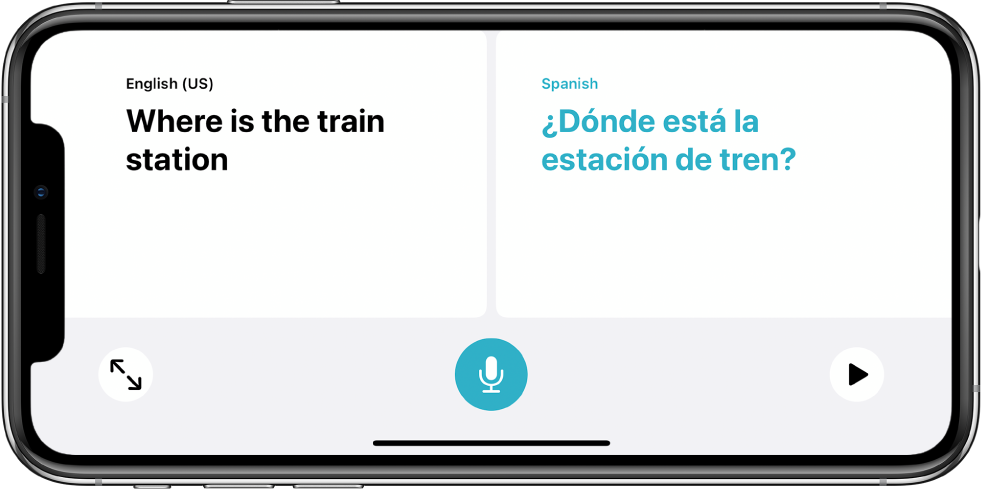 De iPhone in de liggende weergave met links een Engelse zin en rechts de Spaanse vertaling.