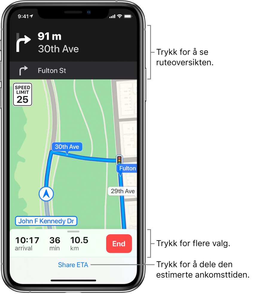 Et kart som viser en kjørerute, med en instruksjon om å ta til høyre om 75 meter. Mot bunnen av kartet vises ankomst, reisetid og totalt antall kilometer til venstre for Slutt-knappen. Del ankomsttid vises nederst på skjermen.
