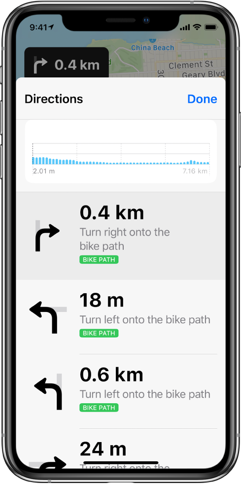 Uma lista com direções de curvas de uma rota de bicicleta.