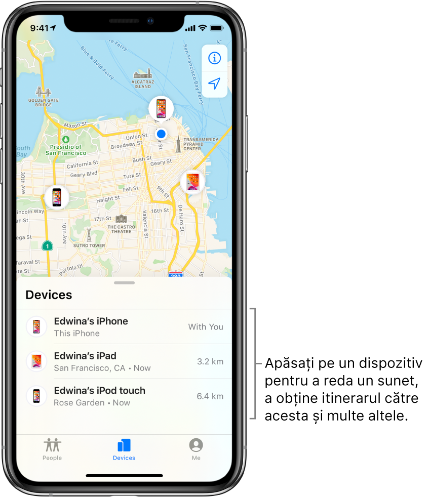 Ecranul Găsire deschis la fila Dispozitive. Sunt trei dispozitive în lista Dispozitive: iPhone - Edwina, iPad- Edwina și iPod touch- Edwina. Localizările lor sunt afișate pe o hartă a orașului San Francisco.