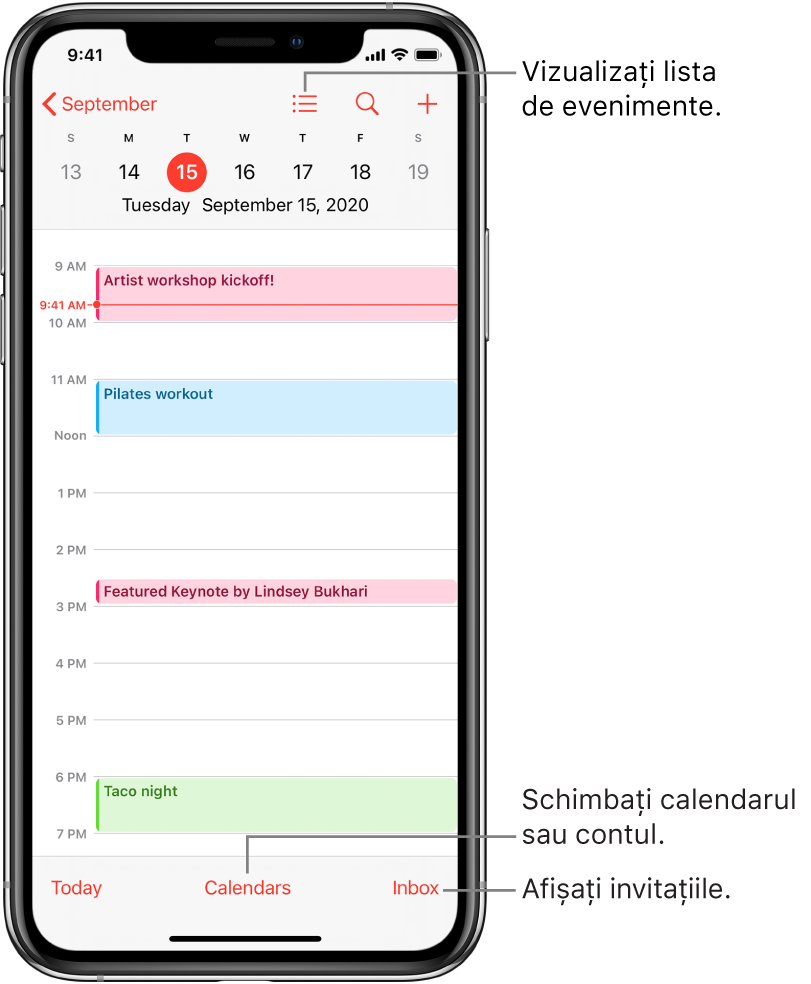 Un calendar în vizualizarea zilei, afișând evenimentele zilei. Apăsați butonul Calendare din partea de jos a ecranului pentru a schimba contul de calendar. Apăsați butonul Primite din dreapta jos pentru a vedea invitațiile.