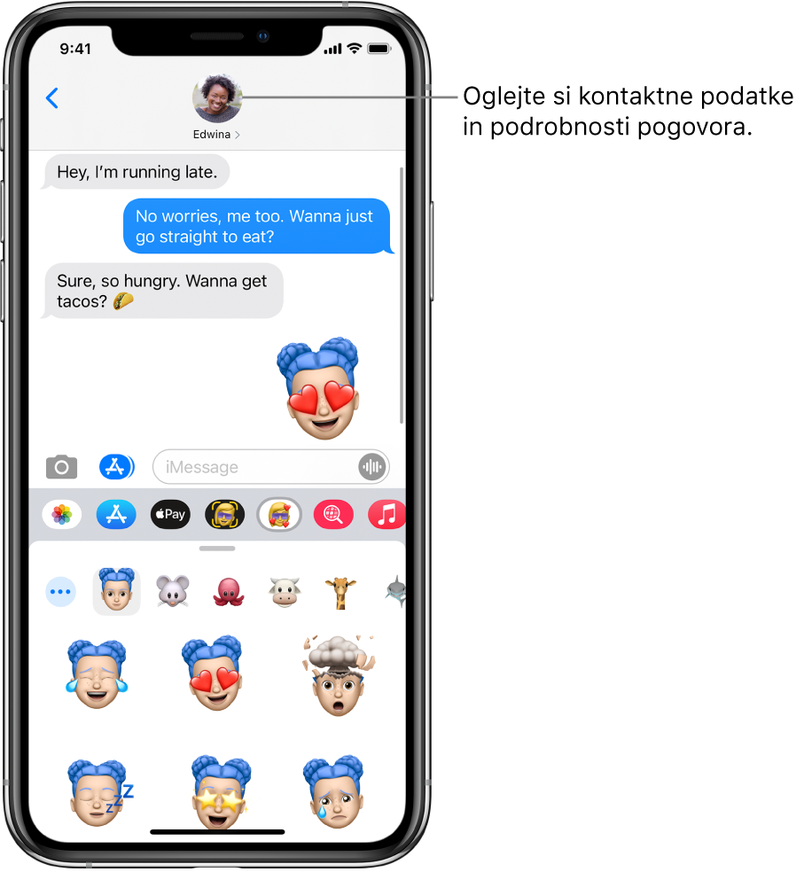Pogovor v aplikaciji Messages. Na vrhu sta od leve proti desni gumb »Back« in fotografija osebe, ki ji pošiljate sporočilo. V sredini so poslana in prejeta sporočila v okviru pogovora. Na dnu so od leve proti desni gumbi »Photos«, »Stores«, »Apple Pay«, »Memoji«, »Hashtag Images«, »Music« in »Digital Touch«.