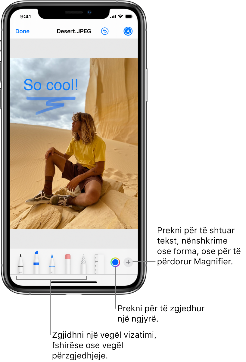 Një imazh po modifikohet me Markup. Poshtë figurës, nga e majta në të djathtë, ndodhen butonat për veglat e Markup: lapsat e vizatimit, goma, përzgjedhësi, ngjyrat, butonat për shtimin e një kutie teksti, nënshkrimit tuaj dhe formave, si dhe për zgjedhjen e Magnifier.