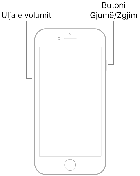 Një ilustrim i iPhone 7 me ekranin e kthyer lart. Butoni i volumit poshtë shfaqet në anën e majtë të pajisjes dhe butoni Sleep/Wake shfaqet në të djathtë.