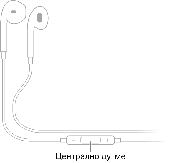 Apple EarPods; централно дугме се налази на каблу који је повезан са бубицом за десно ухо.