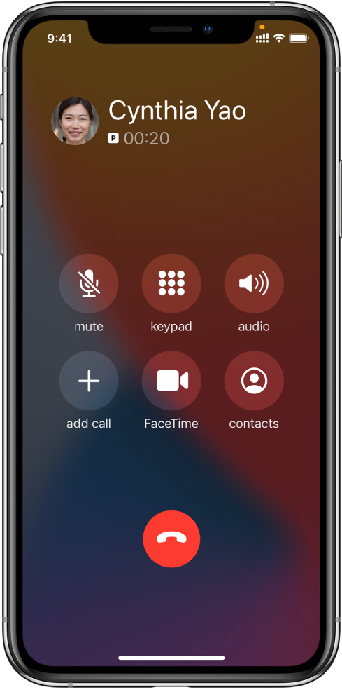 Екран апликације iPhone на коме су приказана дугмад за опције у току разговора. У горњем реду, слева надесно: дугмад за искључивање звука, тастатуру и звучник. У доњем реду, слева надесно: дугмад за додавање, FaceTime и контакте.