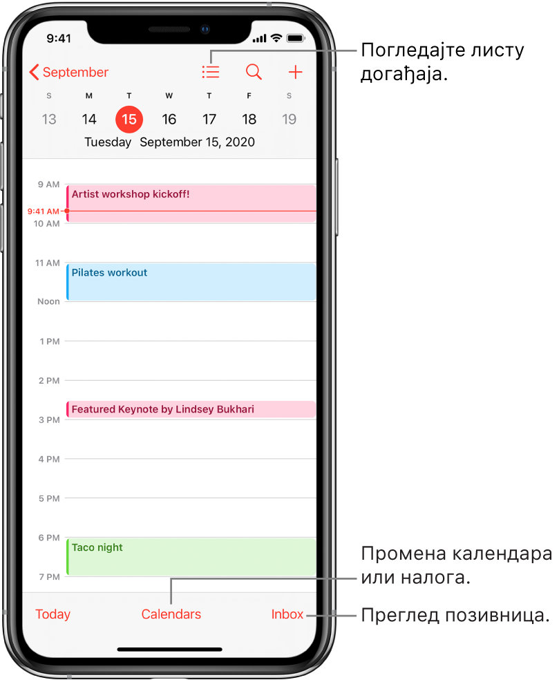 Дневни приказ календара на ком су приказани дневни догађаји. Тапните на дугме Calendars при дну екрана да бисте променили налоге календара. Тапните на дугме Inbox које се налази у доњем десном углу да бисте видели позивнице.
