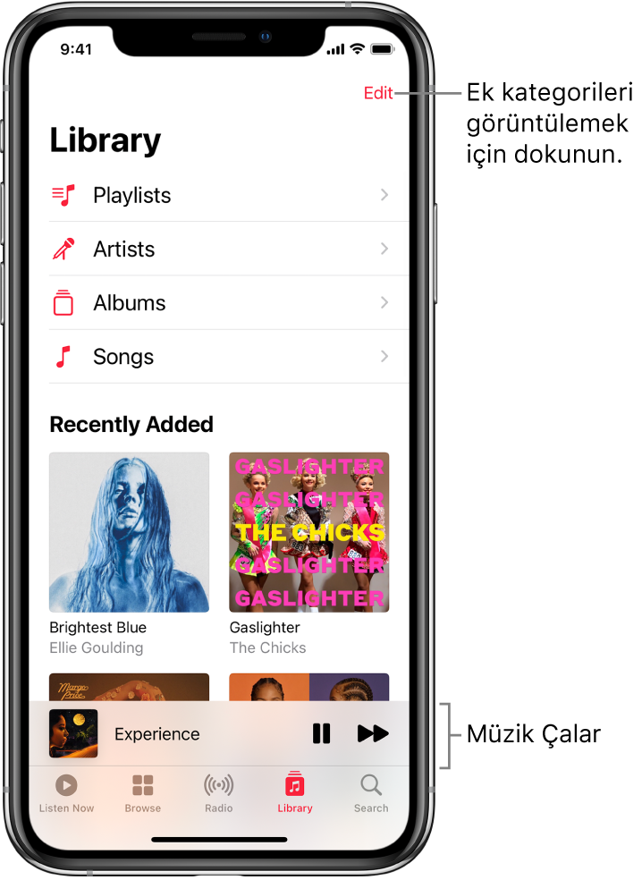 Listeler, Sanatçılar, Albümler ve Parçalar da dahil olmak üzere kategori listesini gösteren Arşiv ekranı. Listenin altında Son Eklenenler başlığı görünür. O anki parçanın adının gösterildiği ve alt tarafta Duraklat ve Sonraki düğmelerinin göründüğü müzik çalar.