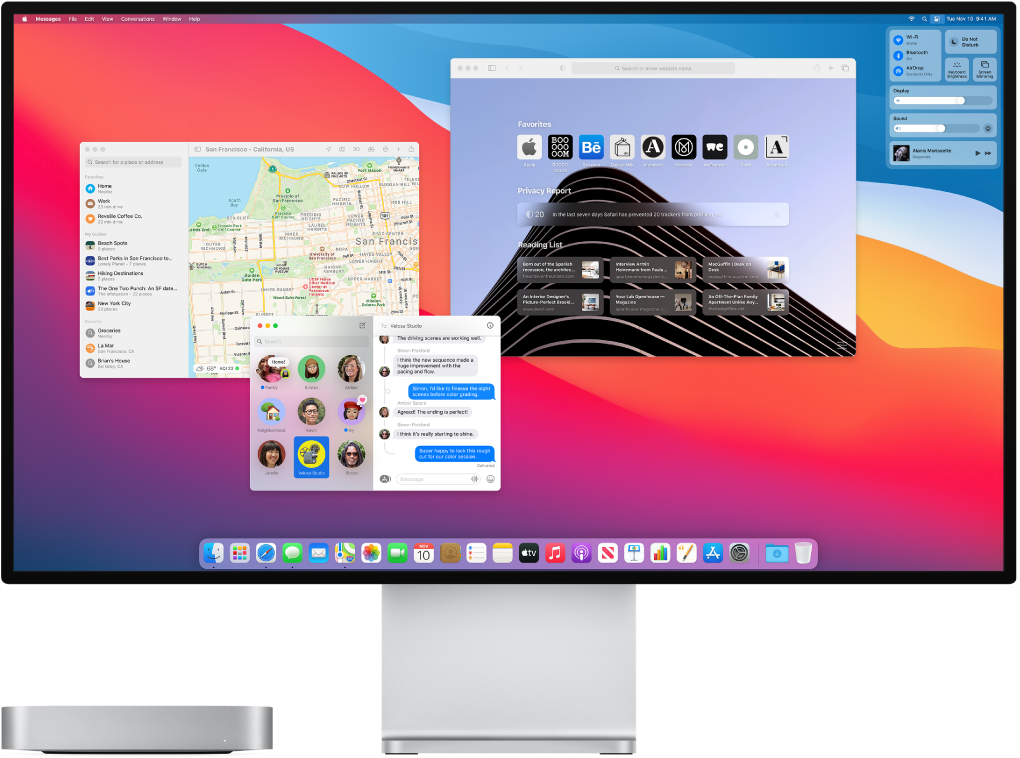 Mac mini, свързан към монитор, работната площ показва Control Center (Контролен център) и няколко отворени приложения.