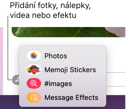 Nabídka Aplikace s volbami pro zobrazení fotek, nálepek s memoji, GIFů a efektů ve zprávách.